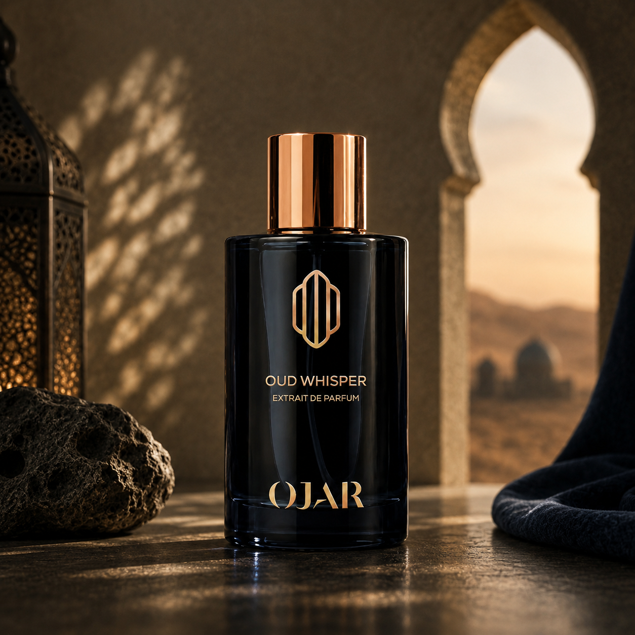 Oud Whisper d'OJAR, extrait de parfum, flacon en mise en scène dans un décor oriental avec arche mauresque et lanterne.