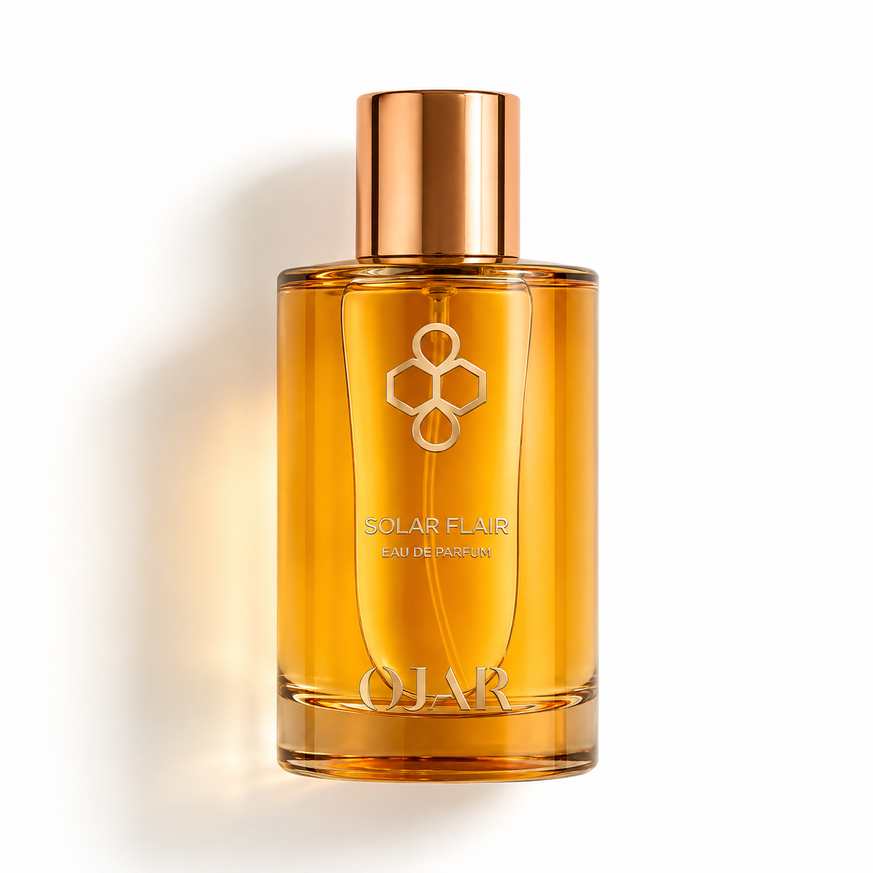 Solar Flair d'OJAR, eau de parfum 100 ml, flacon de face sur fond blanc.