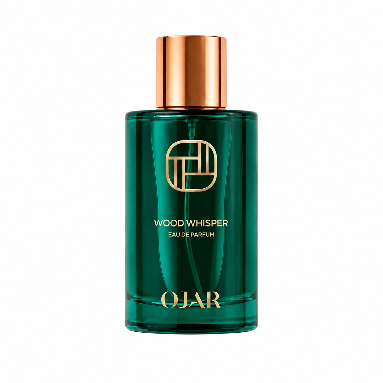 Wood Whisper d'OJAR, eau de parfum 100 ml, flacon de face sur fond blanc.
