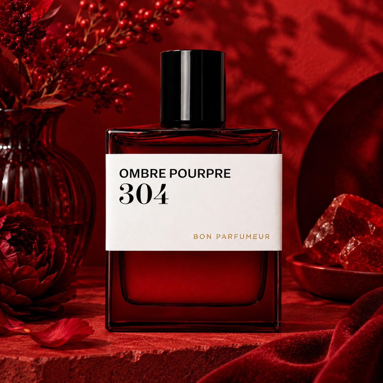 304 Ombre Pourpre de Bon Parfumeur, eau de parfum 100 ml, flacon en mise en scène dans un décor rouge profond.