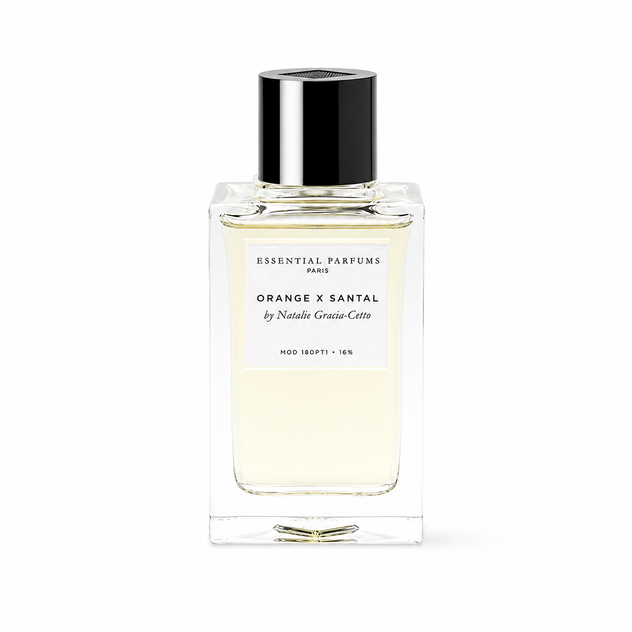 Orange X Santal d'Essential Parfums, eau de parfum 100 ml, flacon de face sur fond blanc.