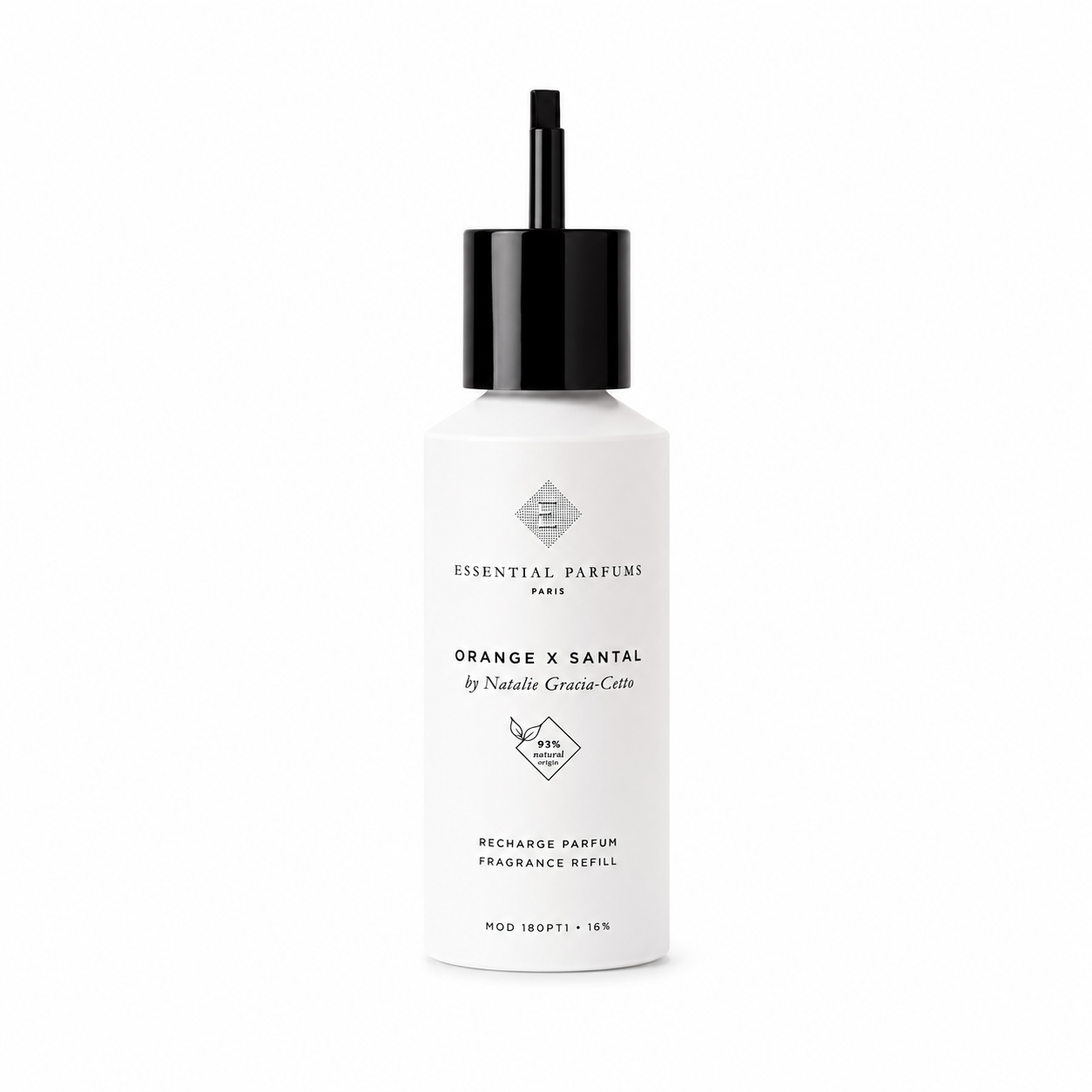 Recharge Orange X Santal d'Essential Parfums, eau de parfum 150 ml avec embout de remplissage sur fond blanc.