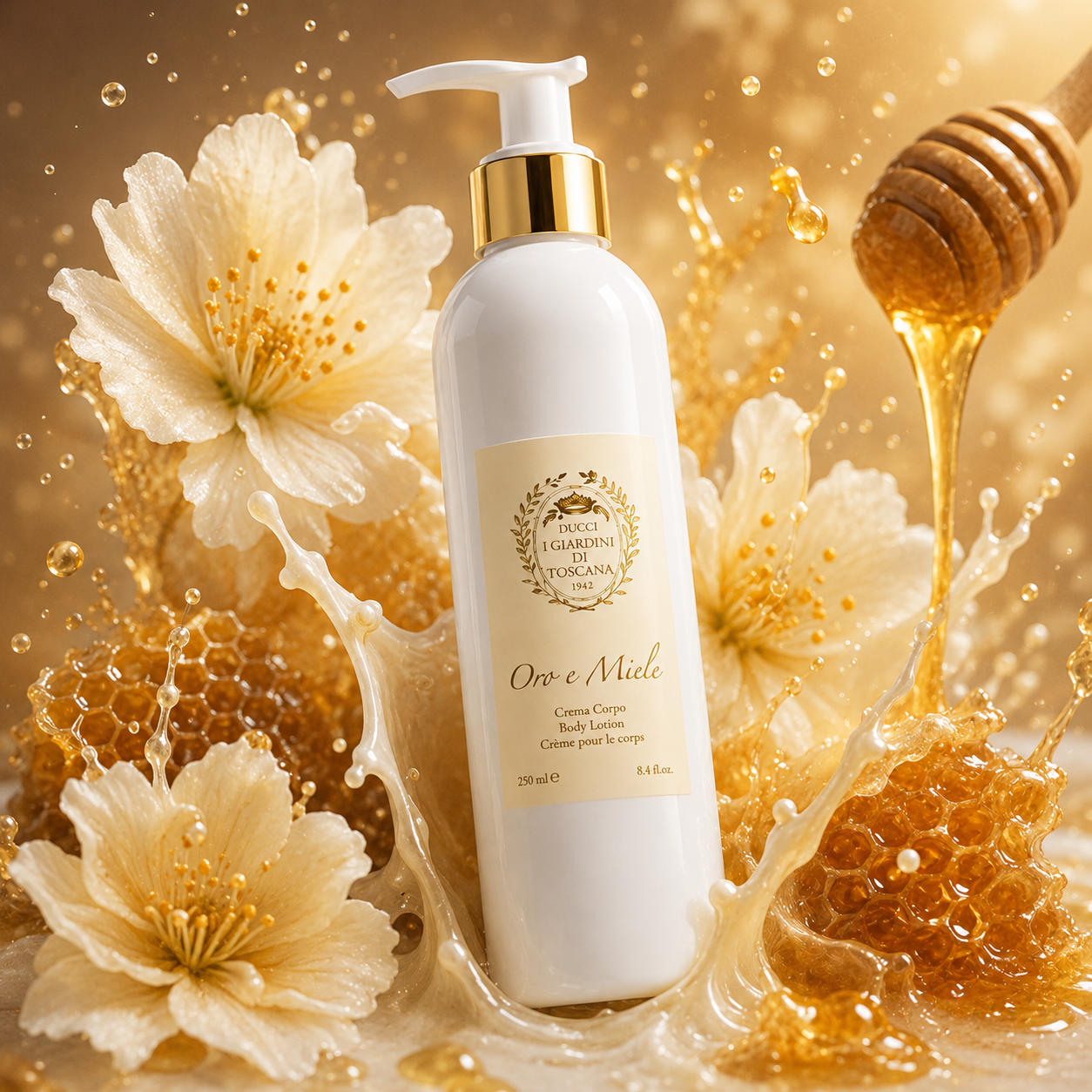 Crème pour le corps Oro e Miele 250 ml Giardini di Toscana dans un univers gourmand au miel avec fleurs blanches, rayon de miel et éclaboussures dorées