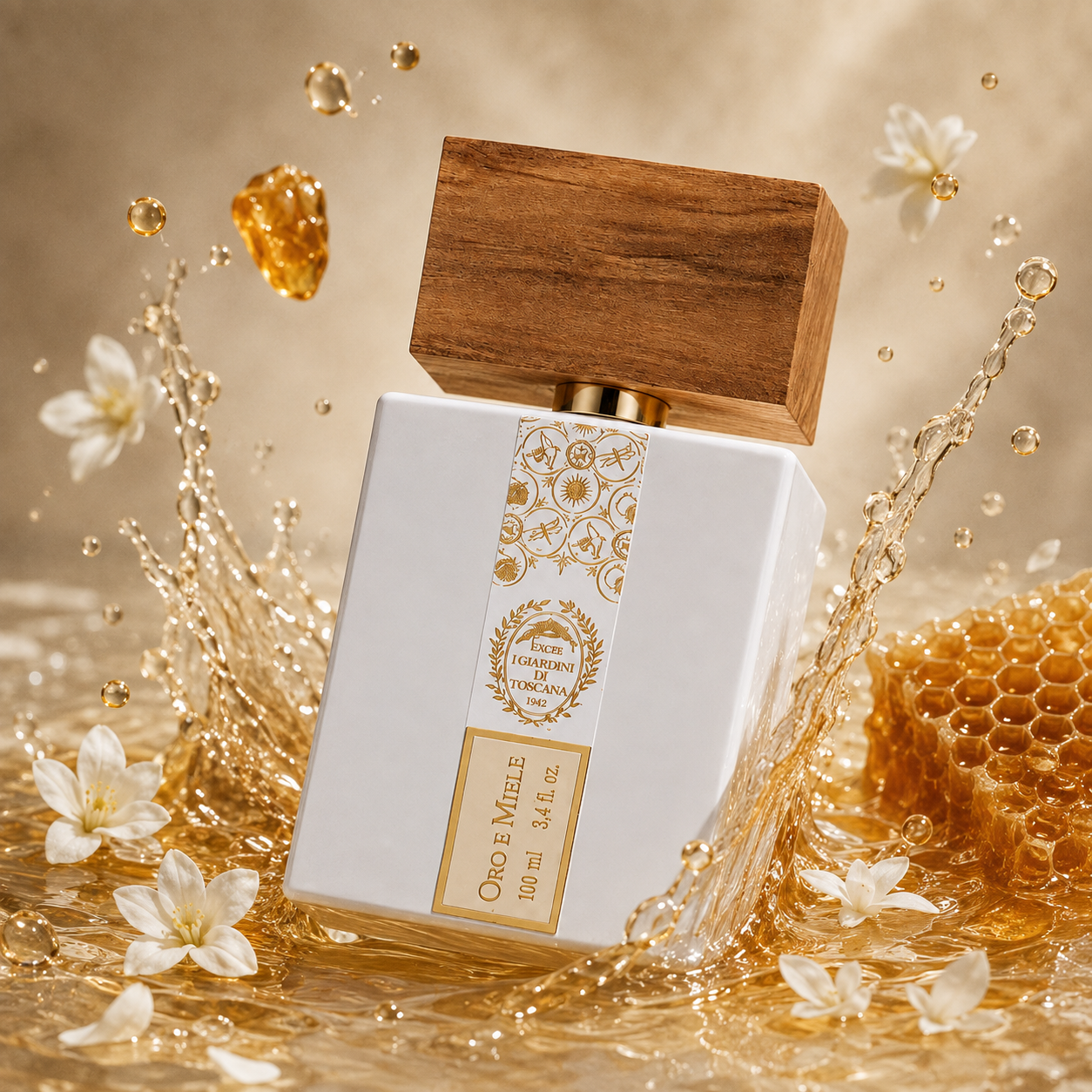 Parfum Oro e Miele 100 ml Giardini di Toscana dans un univers gourmand de miel, fleurs blanches et éclaboussures dorées