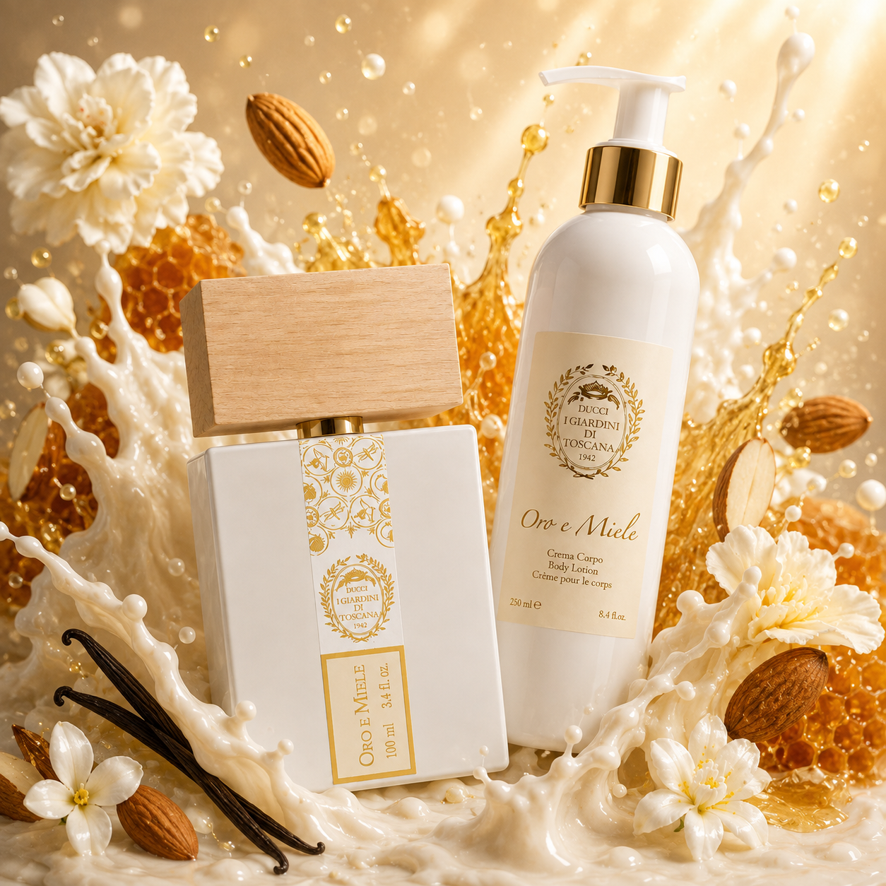 Parfum Oro e Miele et crème pour le corps Giardini di Toscana dans un univers de miel, vanille, amandes et fleurs blanches