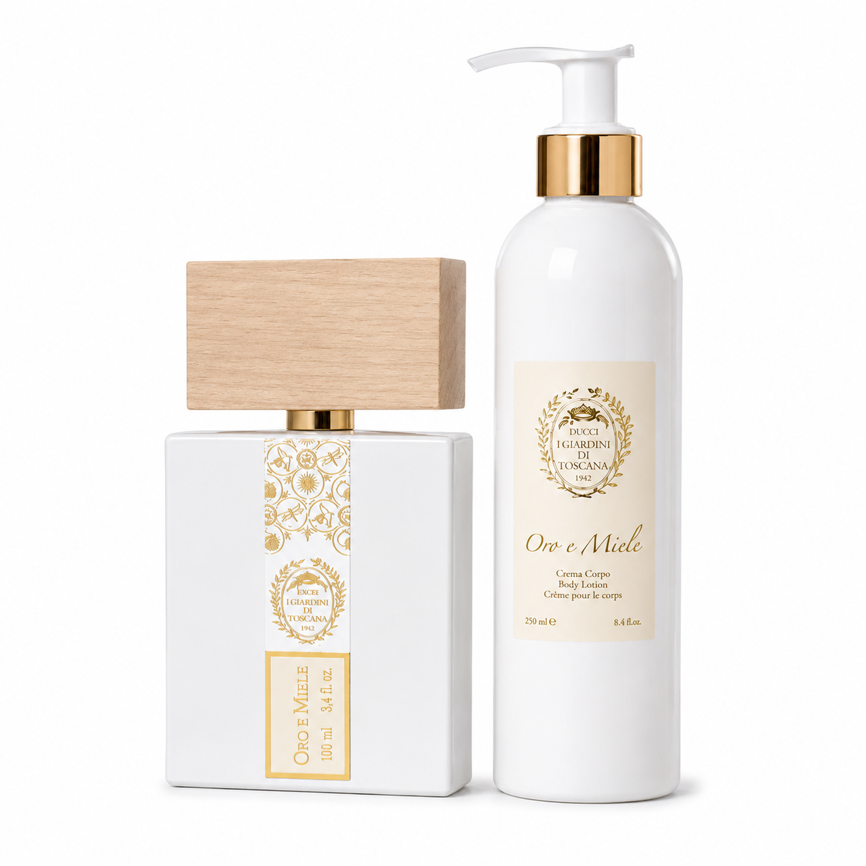 Parfum Oro e Miele 100 ml et crème pour le corps 250 ml Giardini di Toscana sur fond blanc