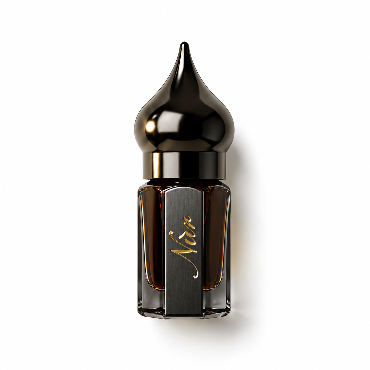 Oud Burmi de NÛR, élixir de parfum 3 ml, flacon de face sur fond blanc.