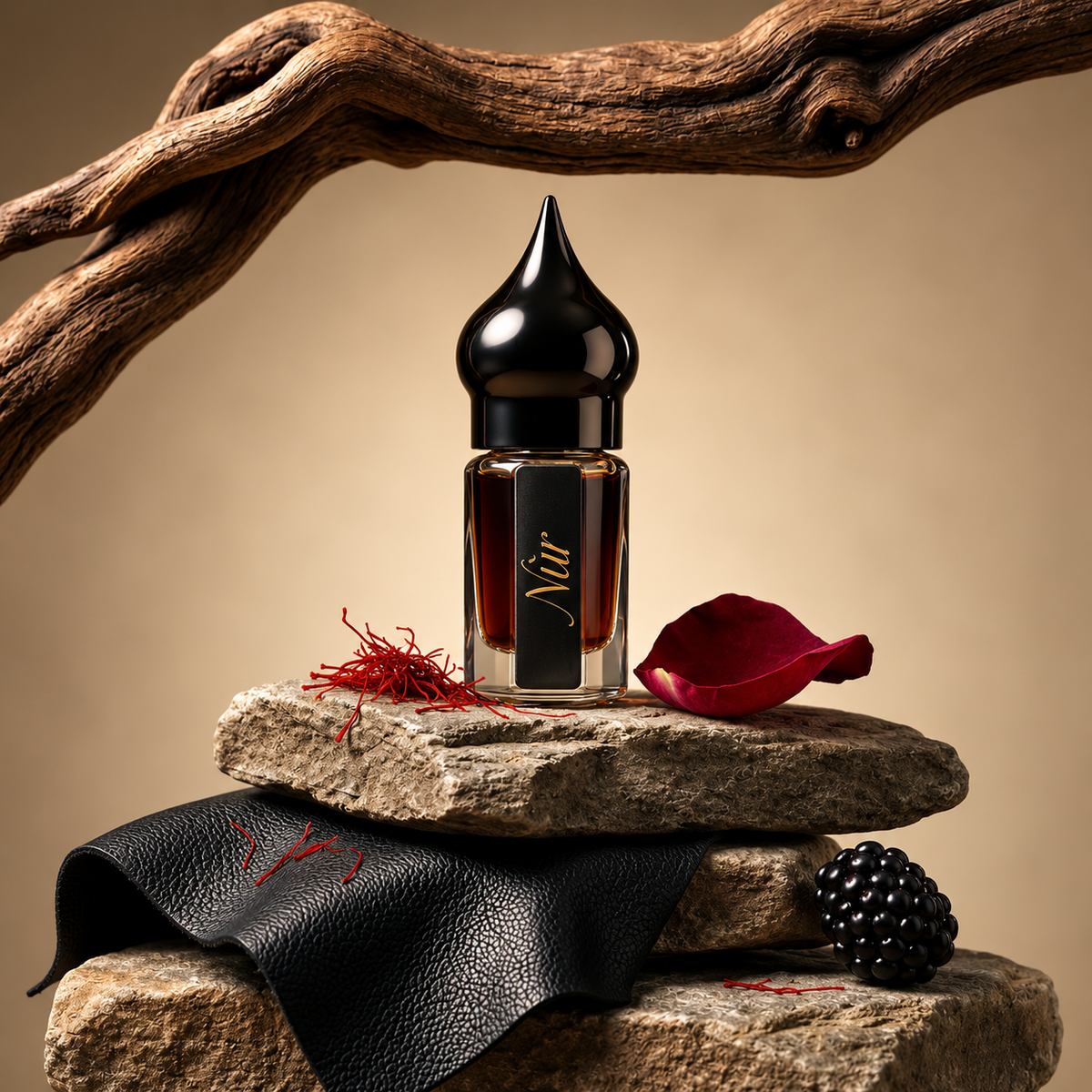 Oud Suprême de NÛR, élixir de parfum 3 ml, mise en scène évoquant l'oud, le cuir et le safran.