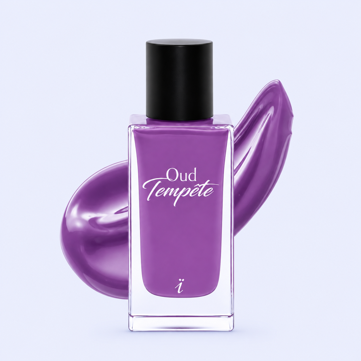 YZKINE Oud Tempête Eau de Parfum 50 ml dans une composition artistique violette avec forme abstraite brillante et fluide