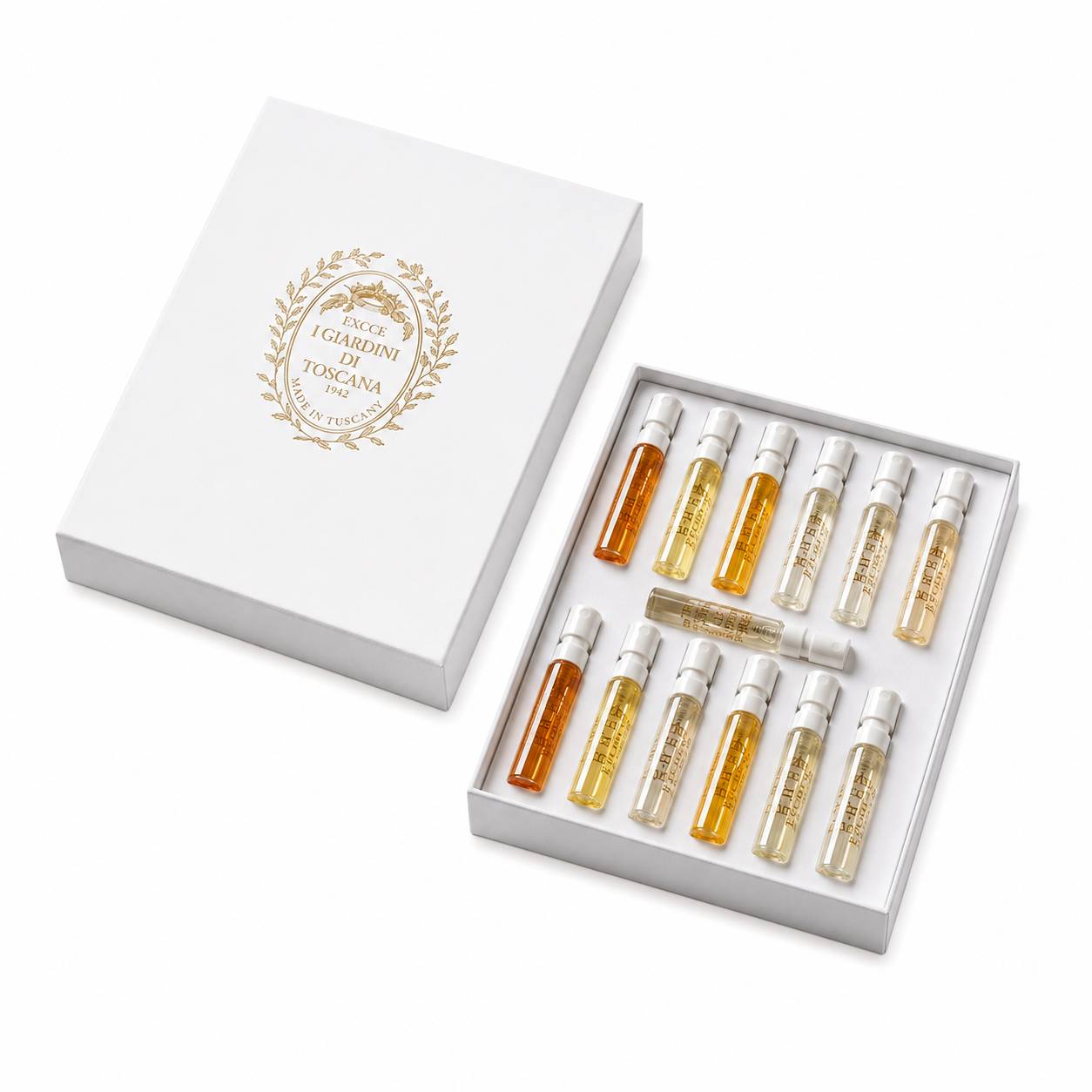 Coffret découverte Giardini di Toscana avec 13 échantillons 2ml sur fond blanc