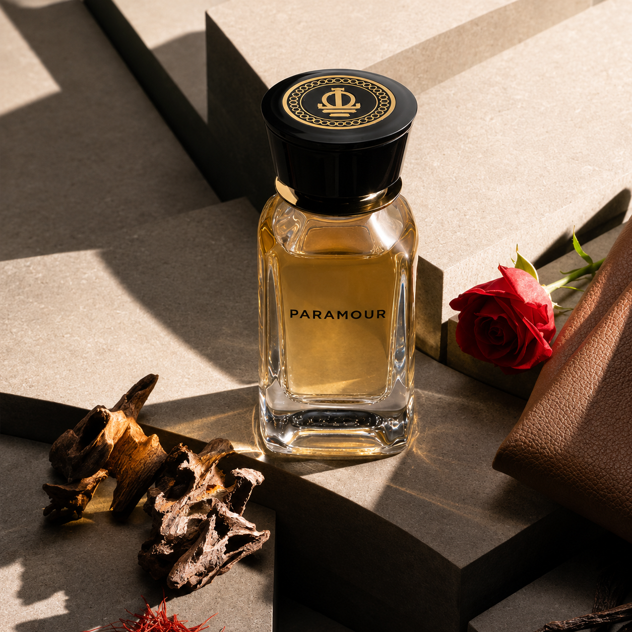 Paramour by Oman Luxury flacon de parfum avec rose rouge, bois de oud et cuir sur fond minéral