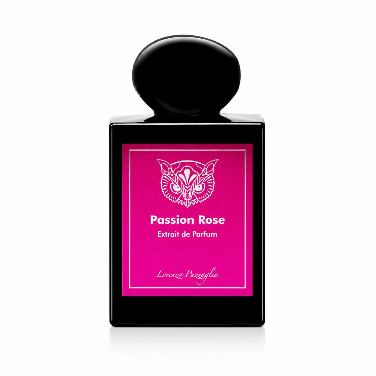 Passion Rose de Lorenzo Pazzaglia, extrait de parfum 50 ml, flacon noir sur fond blanc avec étiquette rose.