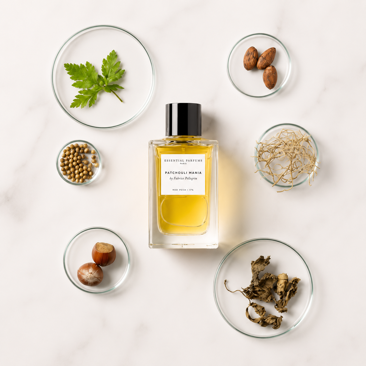 Patchouli Mania d'Essential Parfums, eau de parfum 100 ml entourée de patchouli, graines de coriandre, noisettes, cacao et mousse sur fond clair.
