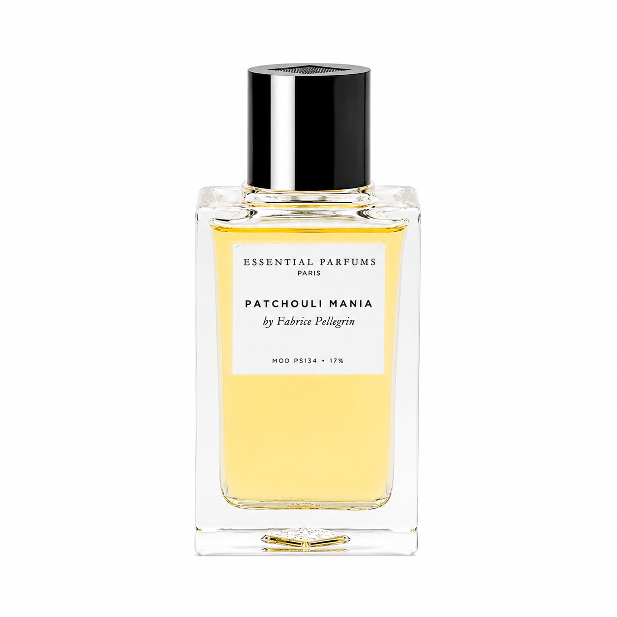 Patchouli Mania d'Essential Parfums, eau de parfum 100 ml, flacon de face sur fond blanc.