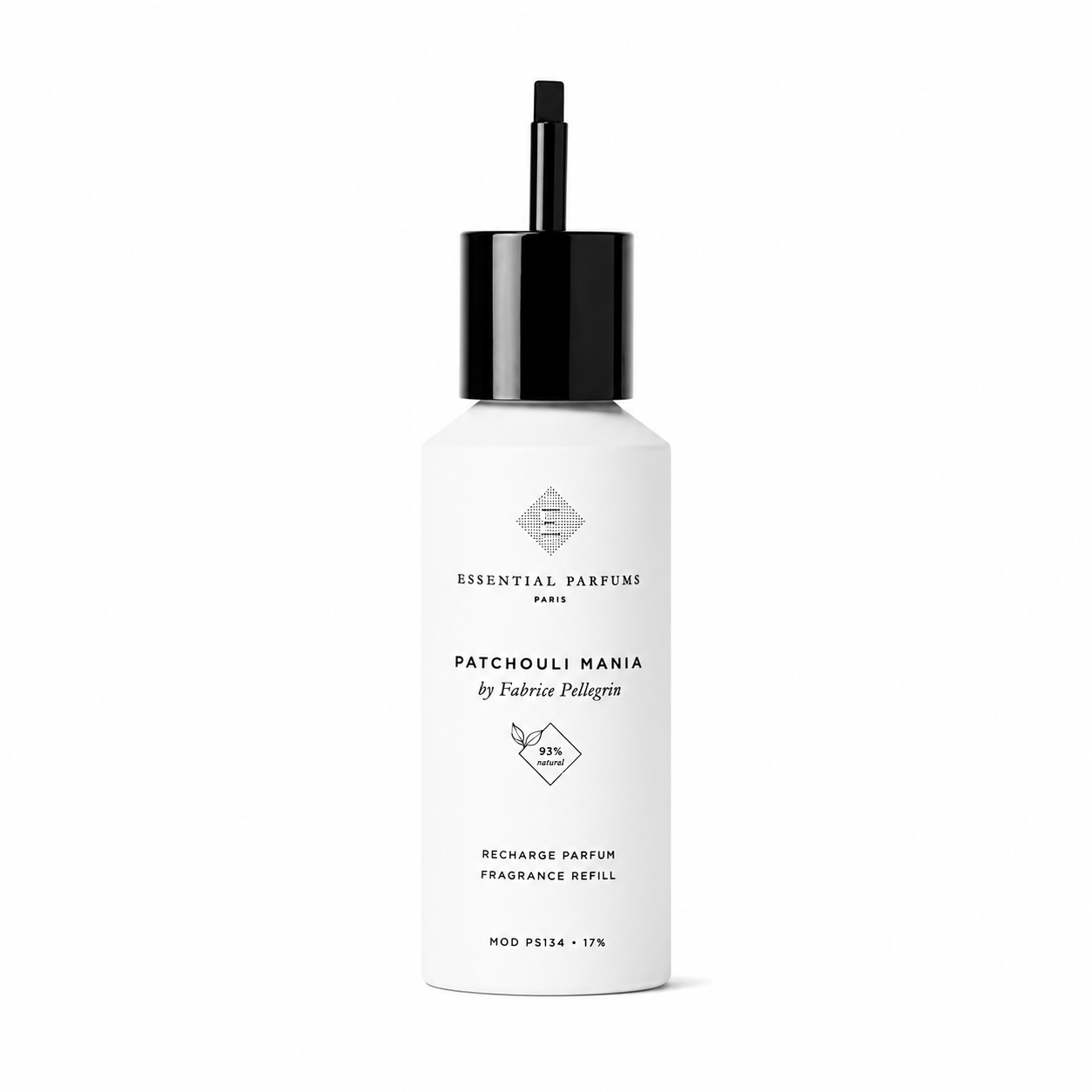 Recharge Parfum Patchouli Mania d'Essential Parfums 150 ml, flacon de recharge de face sur fond blanc.