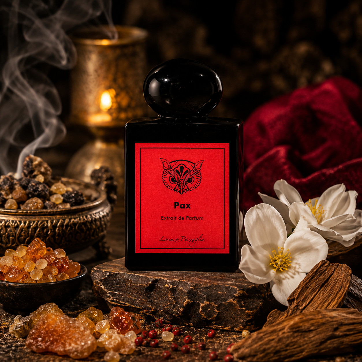 Pax de Lorenzo Pazzaglia, extrait de parfum 50 ml, flacon en ambiance avec encens, fleurs blanches, bois précieux et baies, inspirée de ses notes fruitées et ambrées.