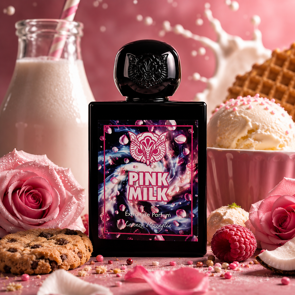 Pink Milk de Lorenzo Pazzaglia, extrait de parfum 50 ml, mis en scène dans une ambiance gourmande avec lait, crème glacée, cookies, framboises, noix de coco et roses sur fond rose.