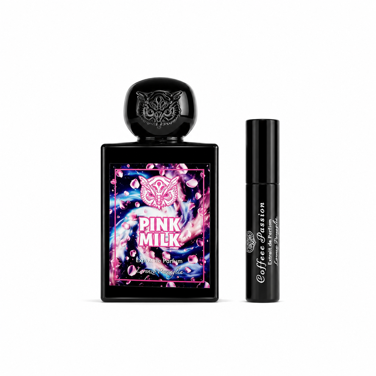 Pink Milk Édition Spéciale de Lorenzo Pazzaglia avec flacon 50 ml et vaporisateur de voyage Coffee Passion 10 ml sur fond blanc.