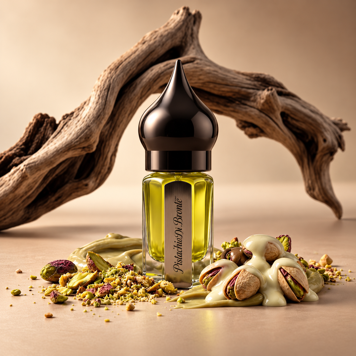 Pistachio Di Bronte de NÛR, élixir de parfum 3 ml, mise en scène évoquant la pistache AOP de Bronte.