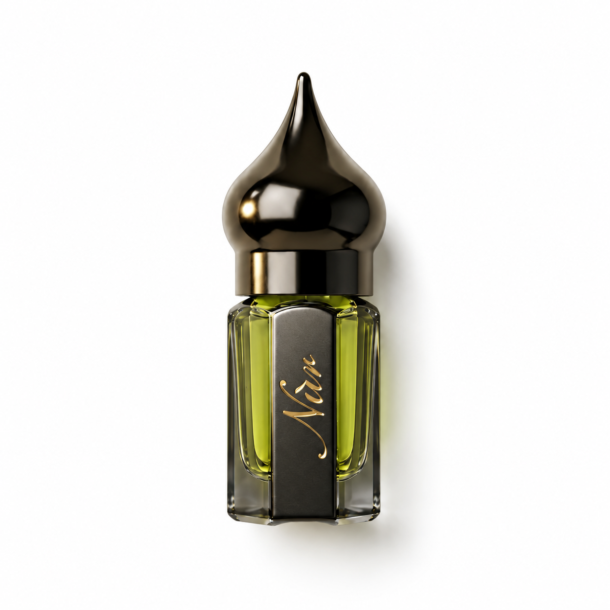 Pistachio Di Bronte de NÛR, élixir de parfum 3 ml, flacon de face sur fond blanc.