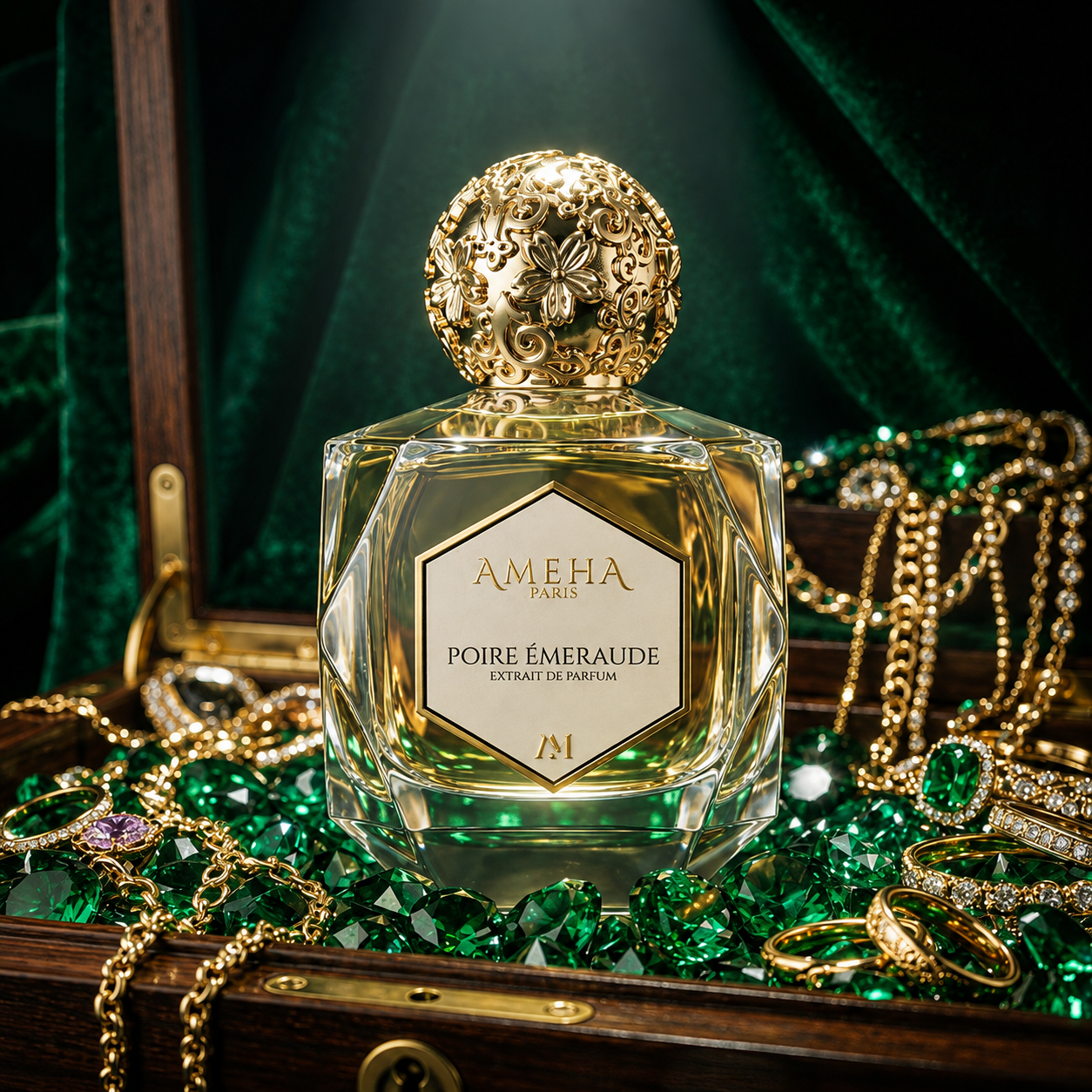 Poire Émeraude Ameha Paris Extrait de Parfum présenté dans un coffret de bijoux avec émeraudes et détails dorés.