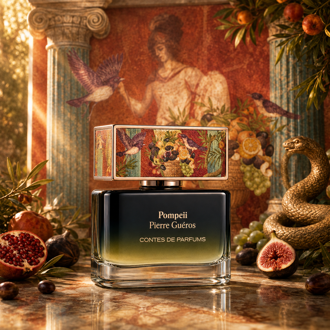 Pompeii Contes de Parfums extrait de parfum 50ml collection Timeless en ambiance inspirée de Pompéi avec fresques antiques, fruits méditerranéens et serpent décoratif