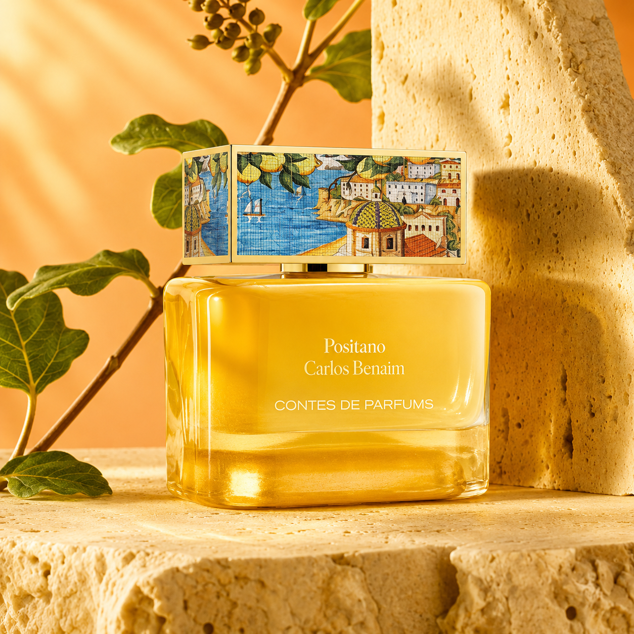 Positano Contes de Parfums 100 ml eau de parfum dans un décor méditerranéen avec citronnier et pierre naturelle