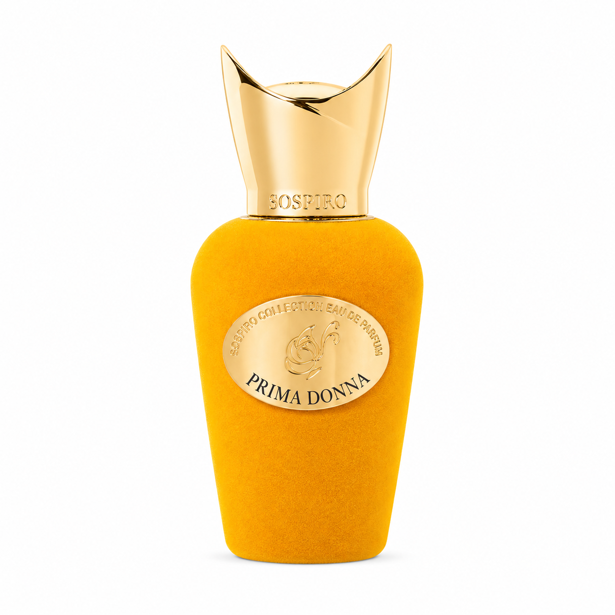 Prima Donna de Sospiro, eau de parfum 100 ml, flacon de velours jaune moutarde de face sur fond blanc.