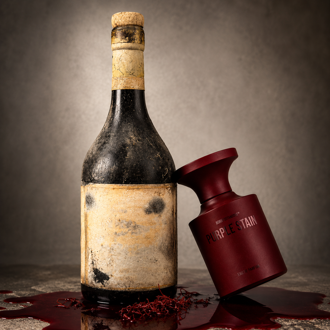 Purple Stain Extrait Extrême 50 ml avec bouteille de vin ancien et safran