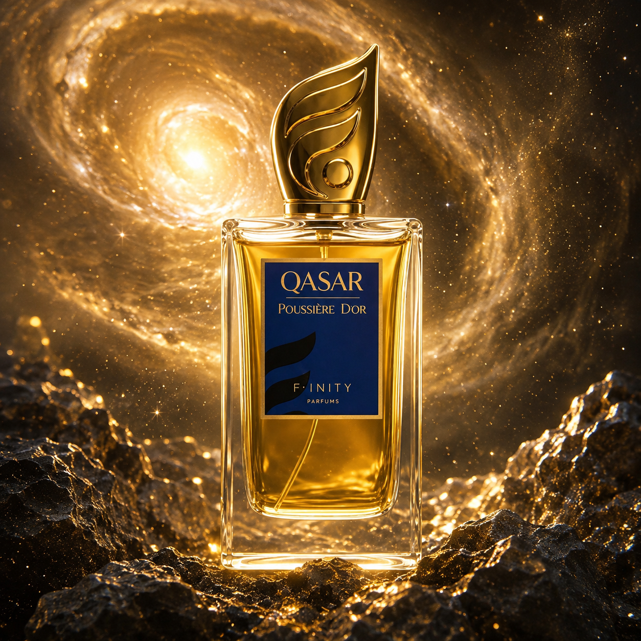 Qasar Poussière d'Or F-Inity Parfums dans un univers cosmique doré