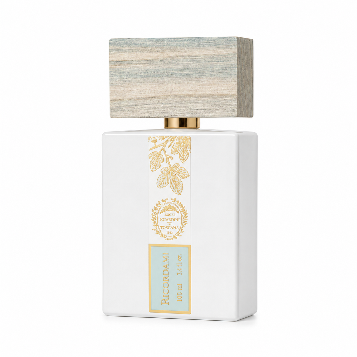 Ricordami by Giardini di Toscana – eau de parfum verte boisée mixte 100ml, flacon sur fond blanc