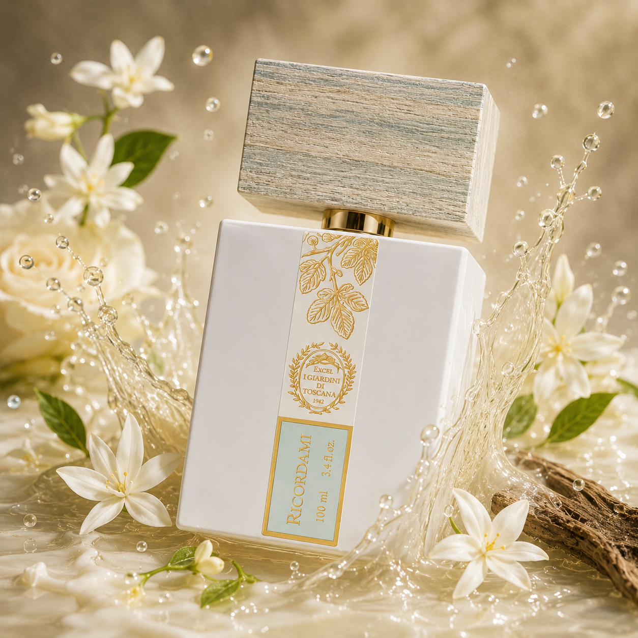 Parfum Ricordami 100 ml Giardini di Toscana dans un univers floral avec fleurs blanches, roses, bois et éclaboussures d’eau