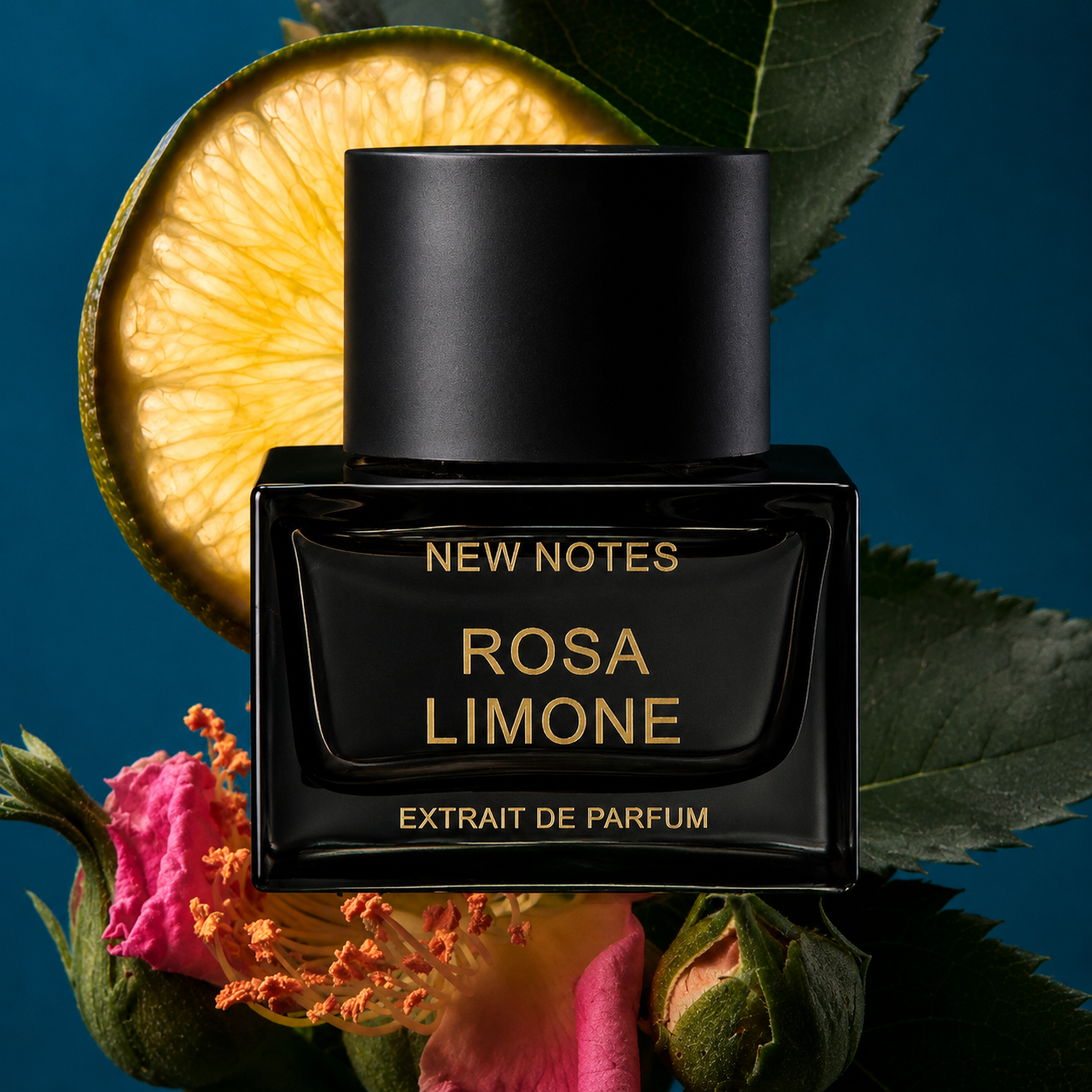 Rosa Limone de New Notes, extrait de parfum, flacon en mise en scène.
