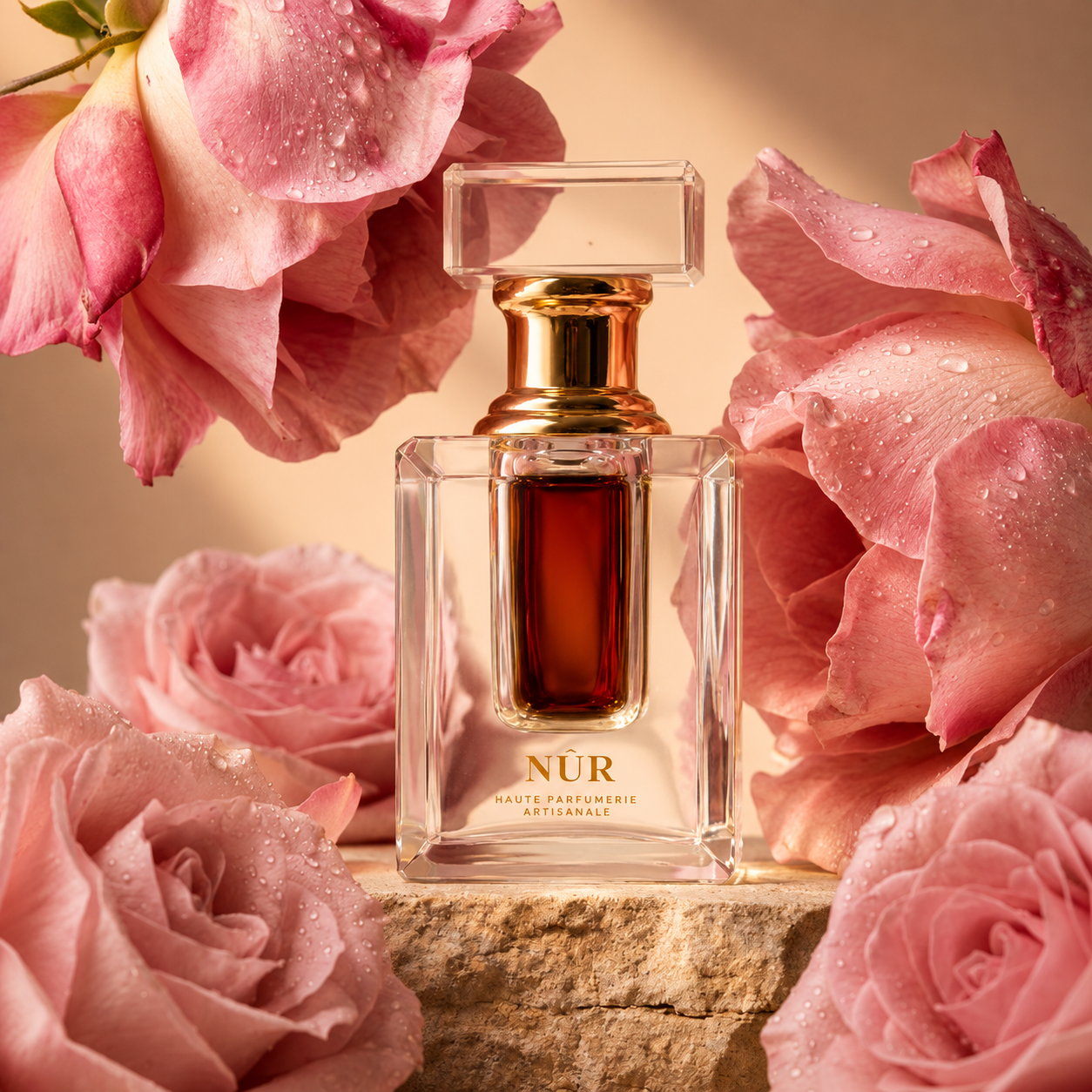 Rose de Damas de NÛR, élixir de parfum 3 ml, mise en scène évoquant la concrète de roses de Damas.