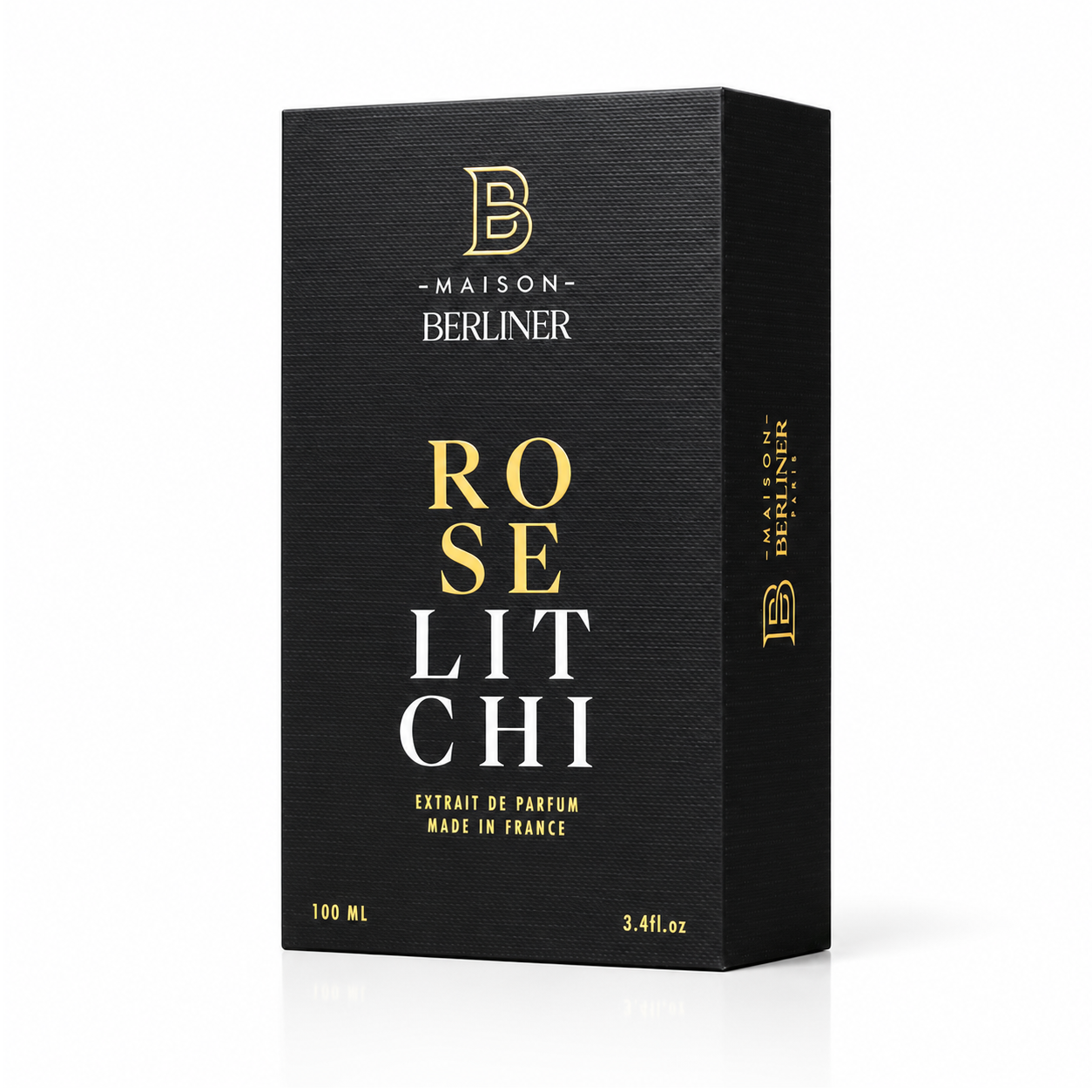 Coffret Rose Litchi de Maison Berliner, extrait de parfum 100 ml, boîte de face sur fond blanc.