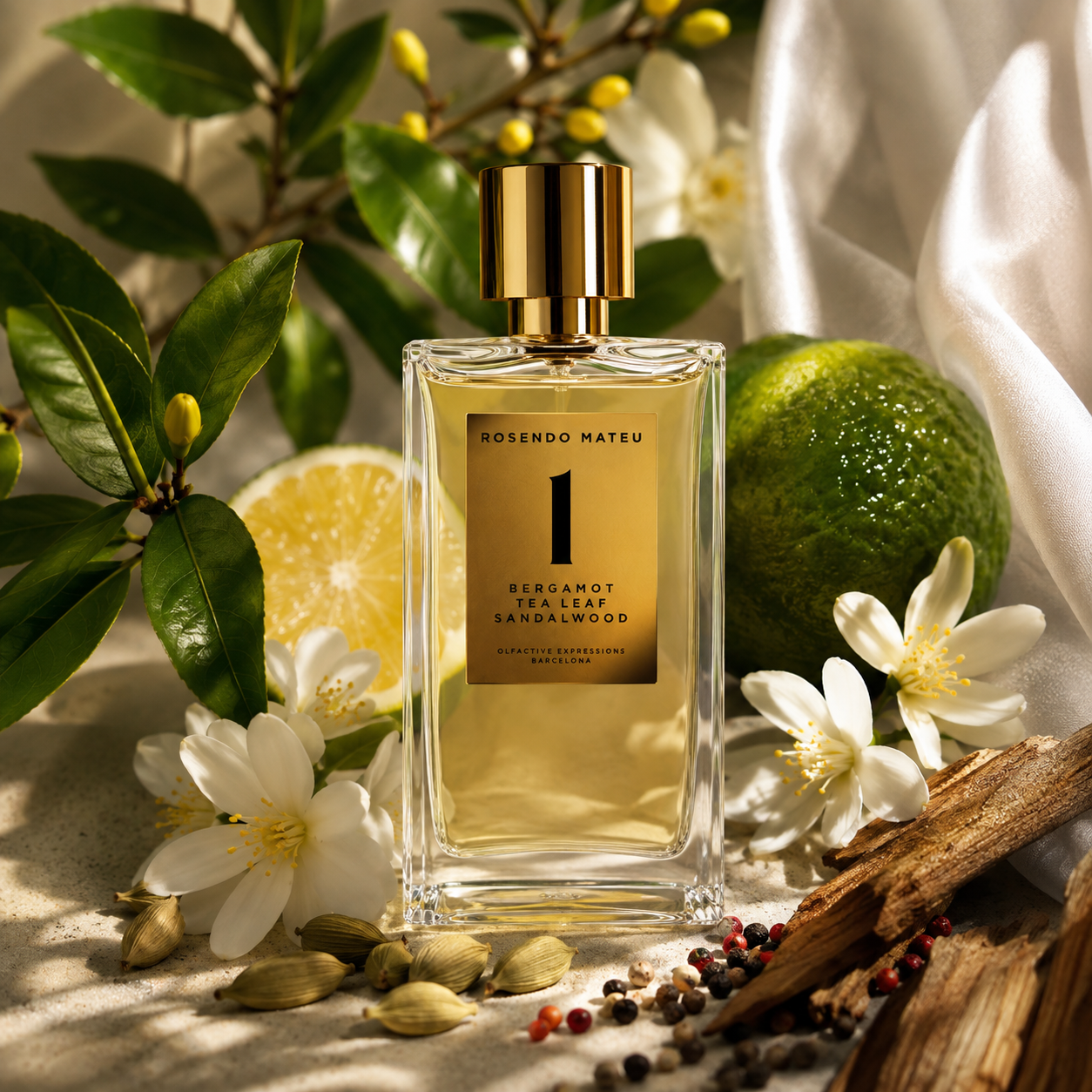 Rosendo Mateu Nº1 – flacon de parfum dans un univers de bergamote, fleurs blanches, cardamome et bois de santal