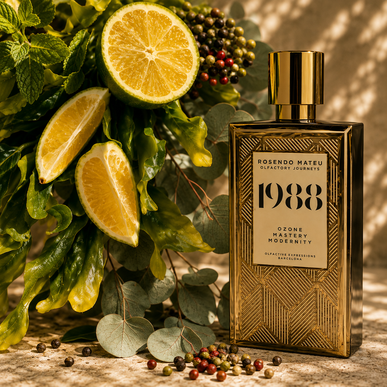Rosendo Mateu 1988 – flacon de parfum dans un univers frais et aromatique avec agrumes, eucalyptus et baies épicées