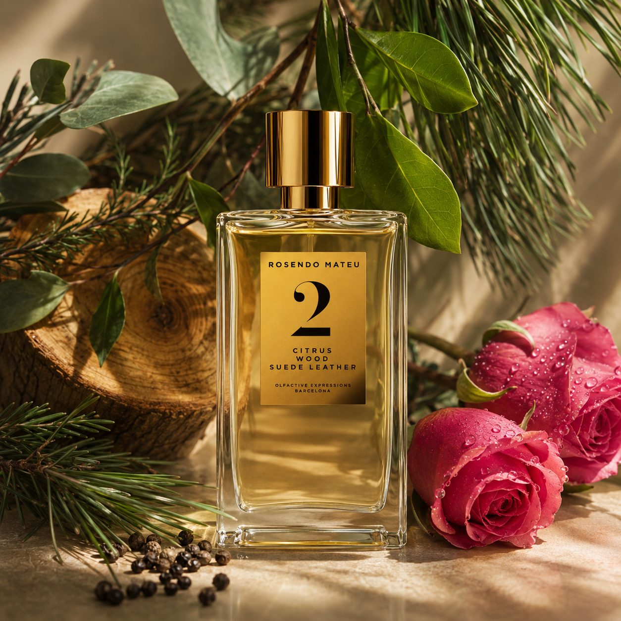 Rosendo Mateu Nº2 – flacon de parfum dans un univers boisé avec roses et végétation