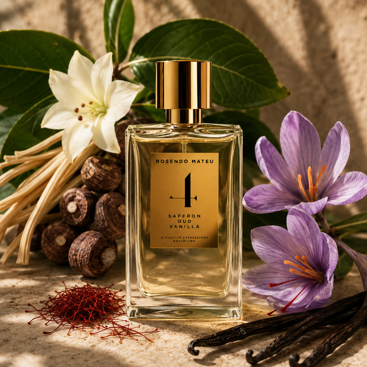 Rosendo Mateu Nº4 – flacon de parfum dans un univers de safran, oud et vanille