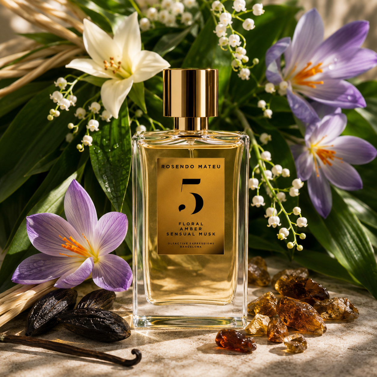 Rosendo Mateu Nº5 – flacon de parfum dans un univers floral, ambré et musqué