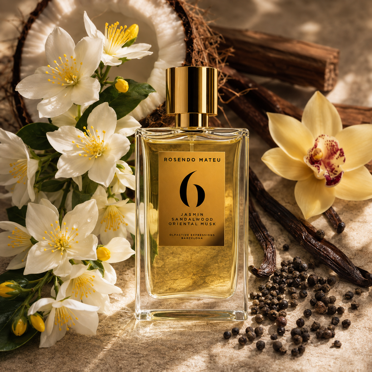 Rosendo Mateu Nº6 – flacon de parfum dans un univers de jasmin, bois de santal, vanille et musc oriental