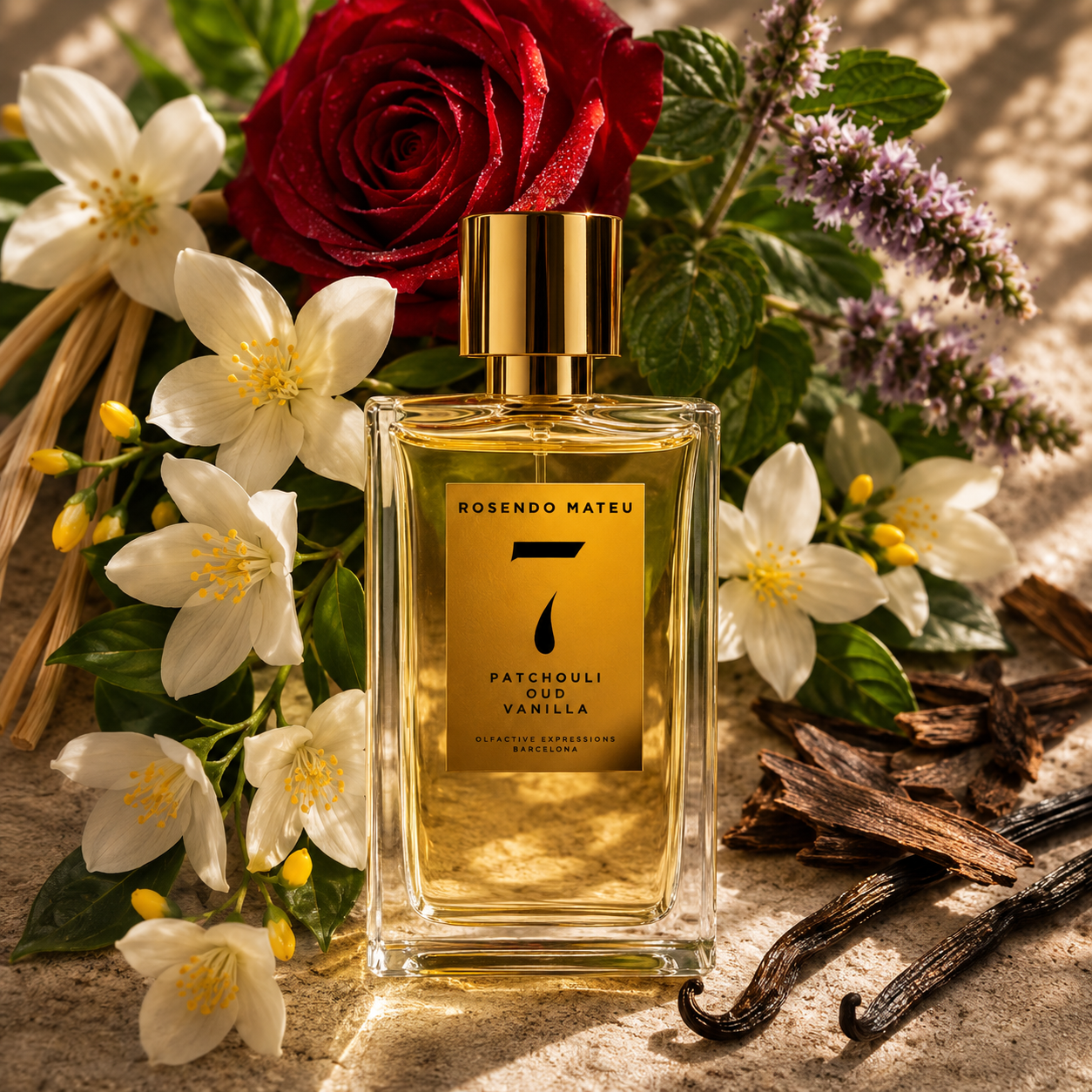 Rosendo Mateu Nº7 – flacon de parfum dans un univers de patchouli, oud, vanille et fleurs blanches