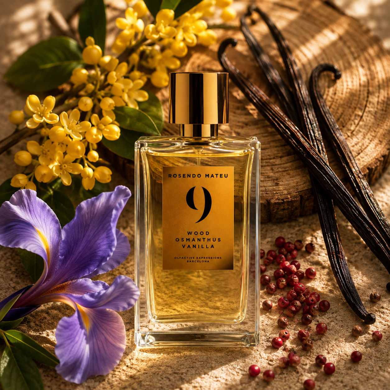 Rosendo Mateu Nº9 – flacon de parfum dans un univers boisé avec osmanthus, vanille, iris et baies roses