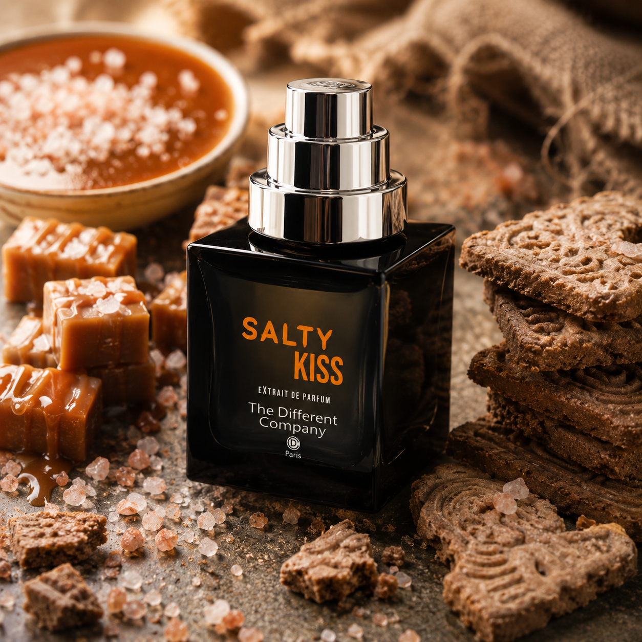Salty Kiss de The Different Company, extrait de parfum, flacon en mise en scène avec du caramel au beurre salé, des spéculoos et des cristaux de sel.