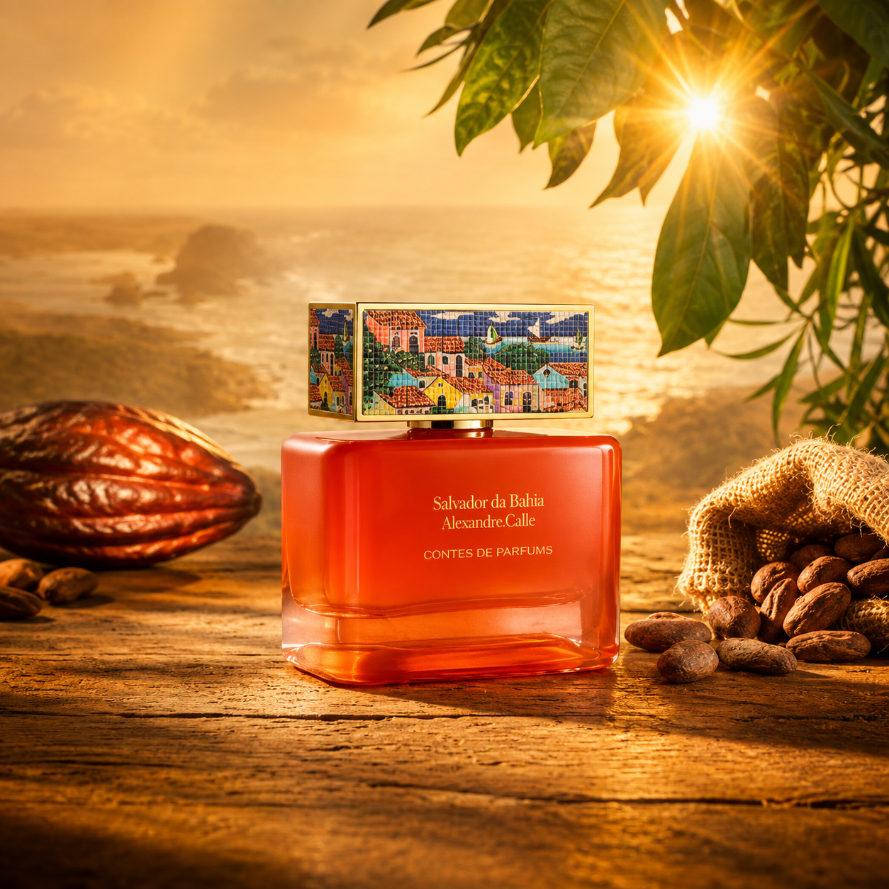 Salvador da Bahia Contes de Parfums eau de parfum 100ml en ambiance tropicale avec cabosse de cacao et grains de café