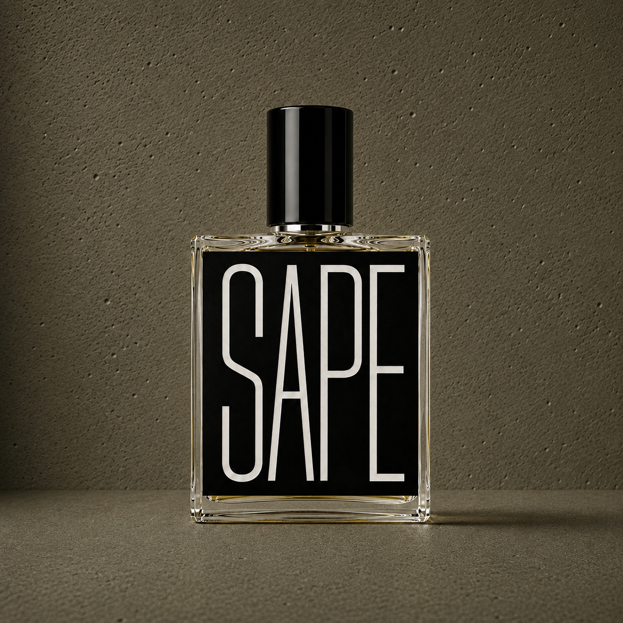 Flacon Sape Indices Parfums mis en scène sur fond kaki texturé