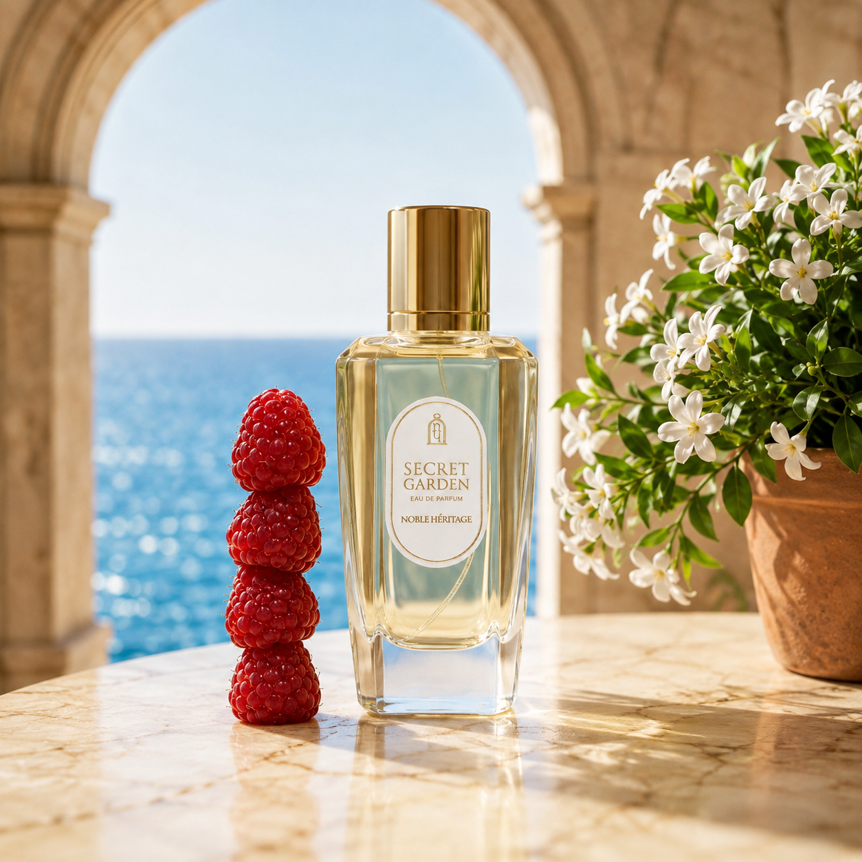 Secret Garden Noble Heritage Eau de Parfum avec framboises et fleurs blanches face à la mer