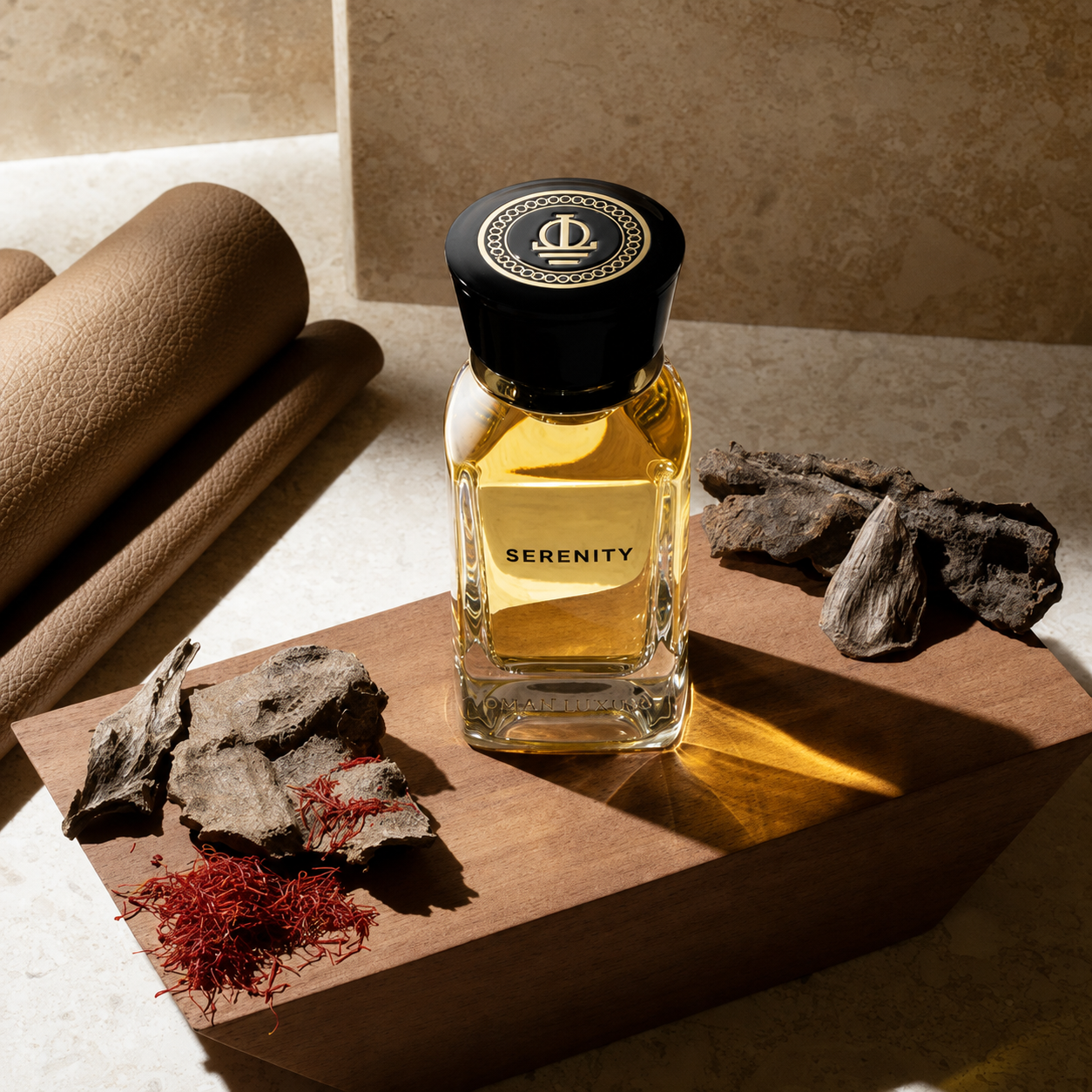 Serenity by Oman Luxury flacon de parfum avec safran, bois précieux et cuir sur fond minéral