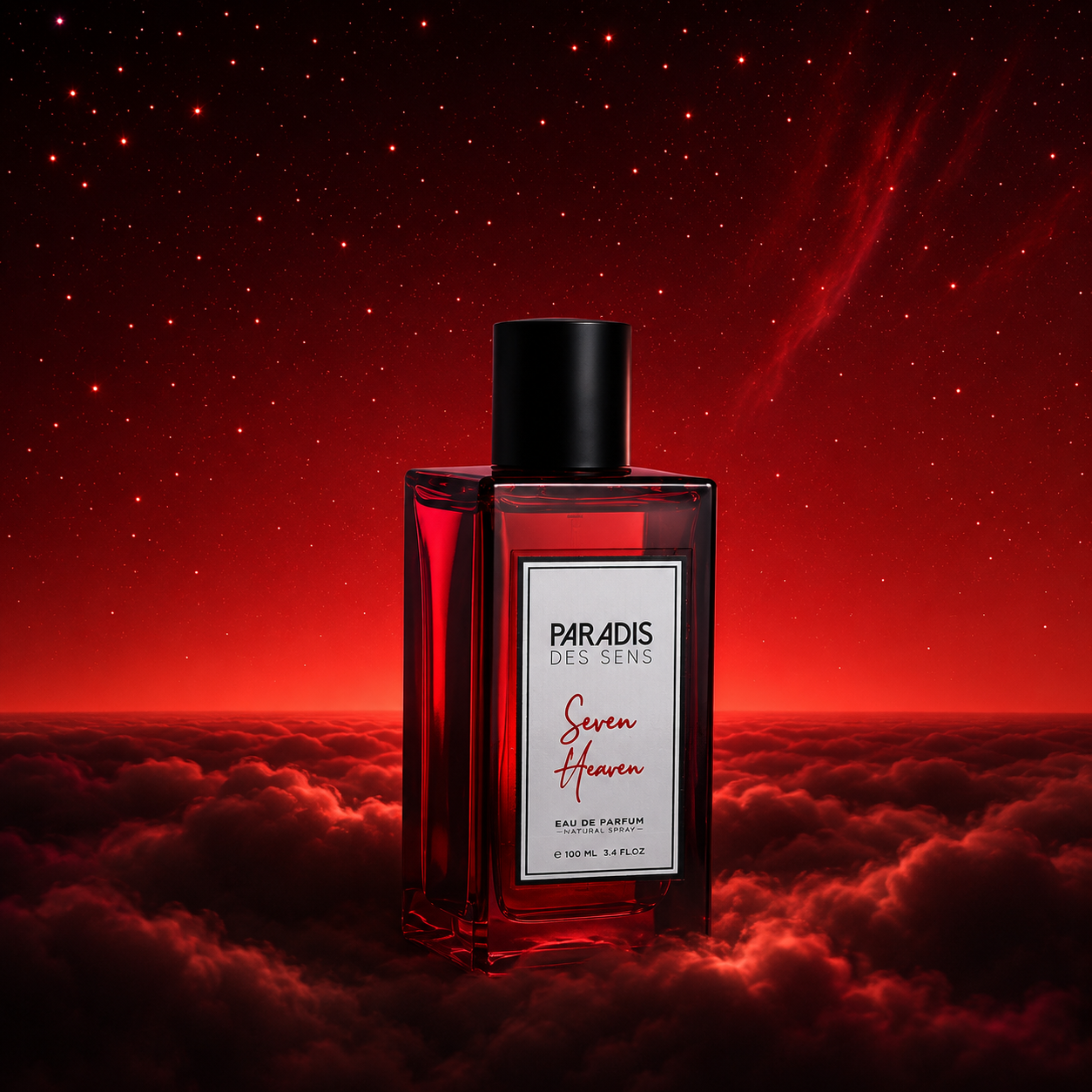 Seven Heaven de Paradis des Sens, eau de parfum 100 ml, flacon rouge en mise en scène.