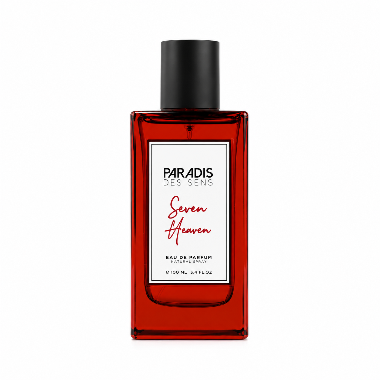 Seven Heaven de Paradis des Sens, eau de parfum 100 ml, flacon rouge de face sur fond blanc.